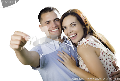 Image of Military Couple with House Keys Isolated on White