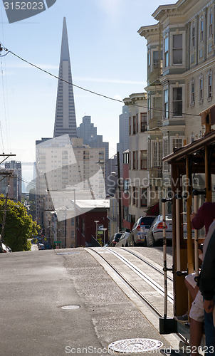 Image of Trolley Travels Rails Street Downtown San Francisco California 