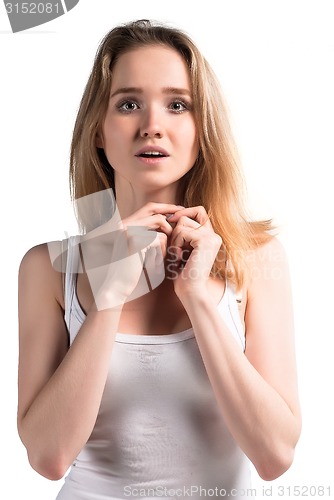 Image of Attractive surprised woman over white