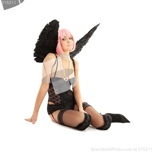 Image of black lingerie angel with pink hair