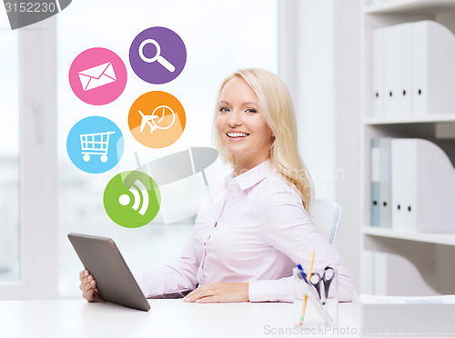 Image of smiling businesswoman or student with tablet pc