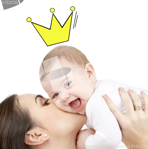 Image of happy mother kissing and holding baby