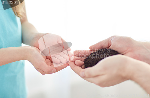 Image of close up of father and girl hands holding sprout