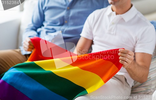 Image of close up of male gay couple holding rainbow flag