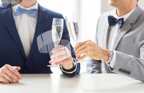 Image of close up of male gay couple with champagne glasses