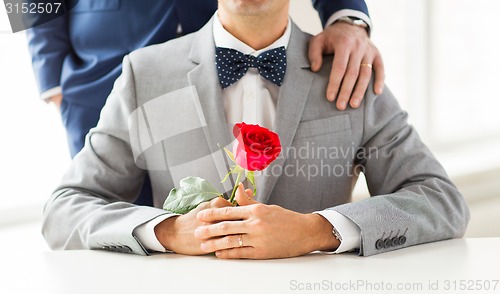 Image of close up of male gay couple with wedding rings on