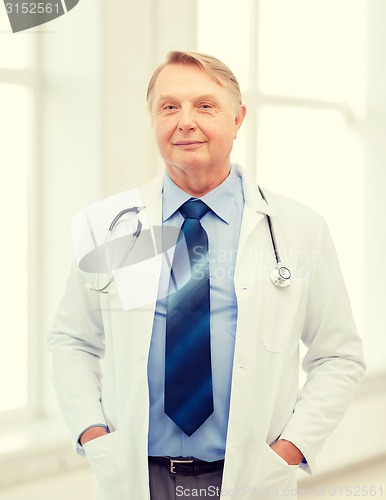 Image of smiling doctor or professor with stethoscope