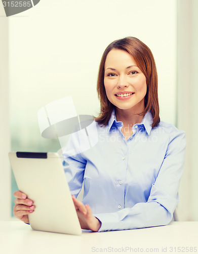 Image of smiling businesswoman or student with tablet pc
