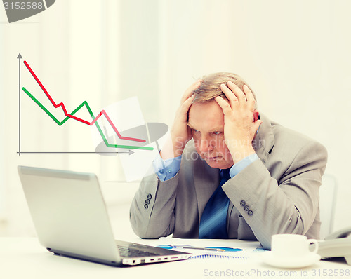 Image of upset older businessman with laptop and telephone