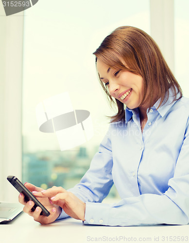Image of smiling businesswoman or student with laptop