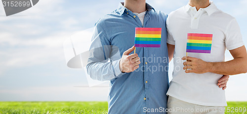 Image of close up of male gay couple holding rainbow flags