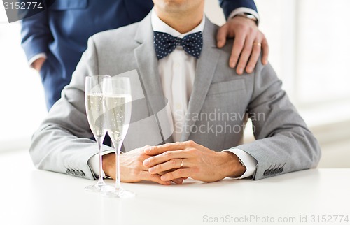 Image of close up of male gay couple with champagne glasses