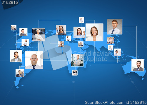 Image of pictures of businesspeople over world map