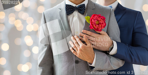 Image of close up of happy male gay couple