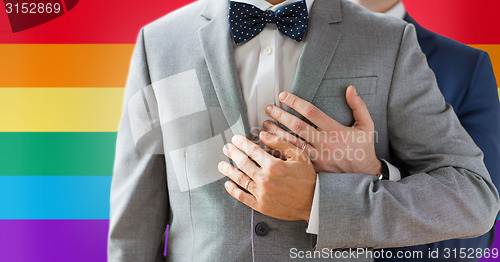 Image of close up of male gay couple with wedding rings on