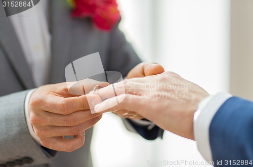 Image of close up of male gay couple hands and wedding ring