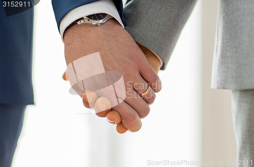 Image of close up of male gay hands with wedding rings on