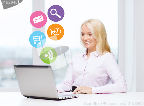 Image of smiling businesswoman or student with laptop