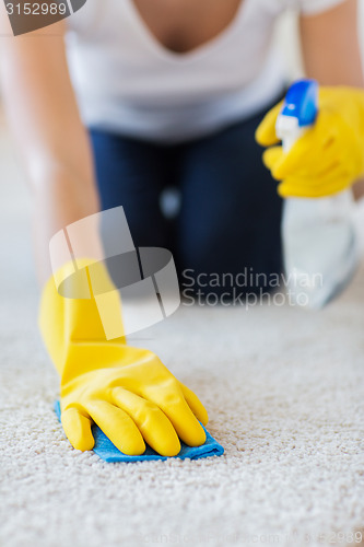 Image of close up of woman with cloth cleaning carpet