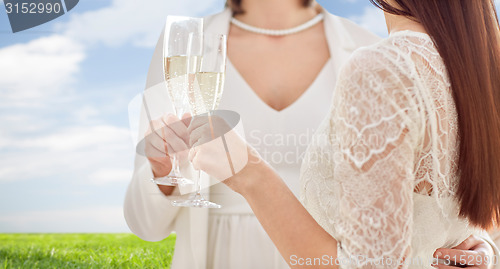 Image of close up of lesbian couple with champagne glasses