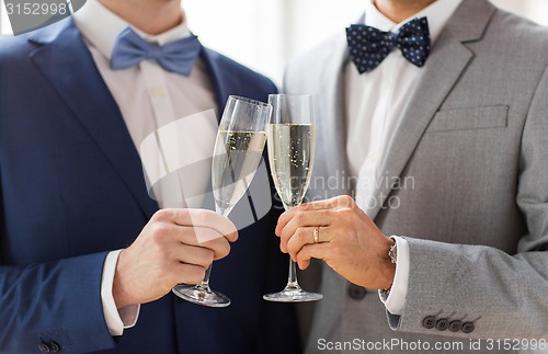 Image of close up of male gay couple with champagne glasses