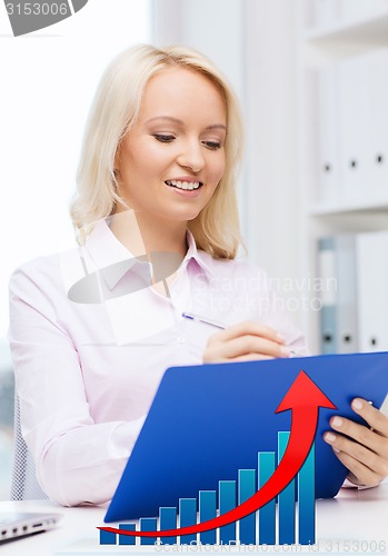 Image of happy businesswoman writing to clipboard in office