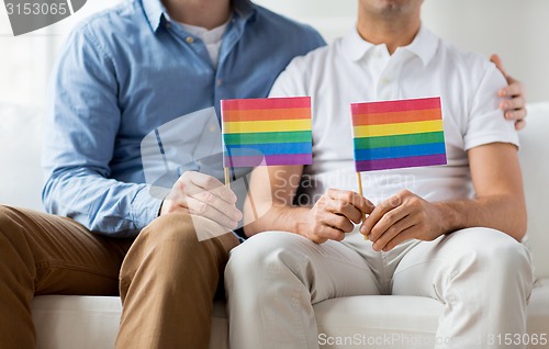 Image of close up of male gay couple holding rainbow flags