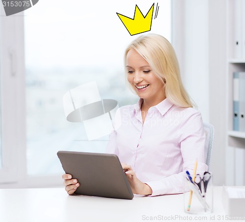 Image of smiling businesswoman or student with tablet pc