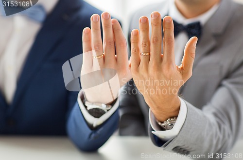 Image of close up of male gay couple with wedding rings on