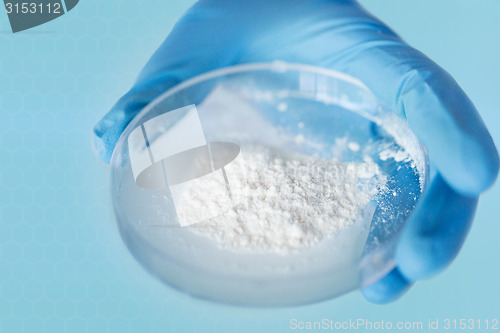 Image of close up of scientist hands holding petri dish