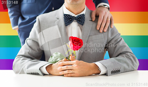 Image of close up of male gay couple with wedding rings on