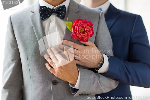 Image of close up of happy male gay couple