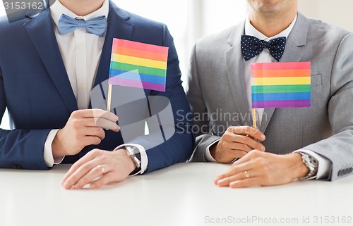 Image of close up of male gay couple holding rainbow flags