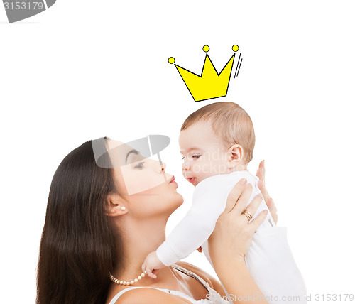 Image of happy mother kissing and holding baby