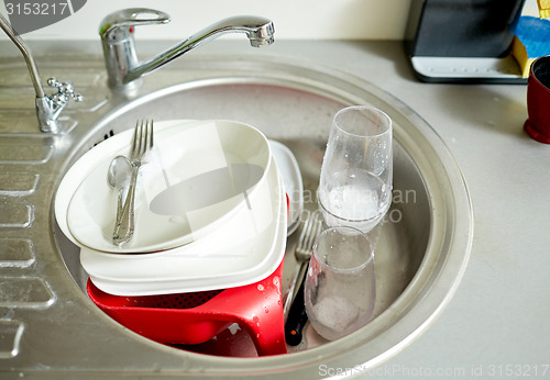 Image of close up of dirty dishes washing in kitchen sink