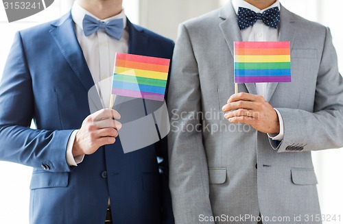 Image of close up of male gay couple holding rainbow flags