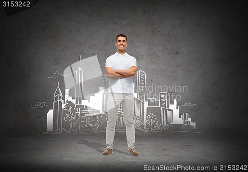 Image of smiling man over city sketch background