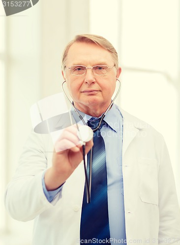 Image of calm doctor or professor with stethoscope