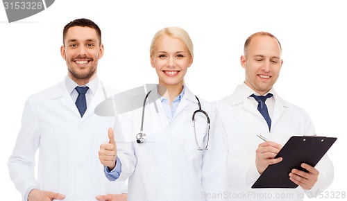 Image of group of doctors showing thumbs up over white