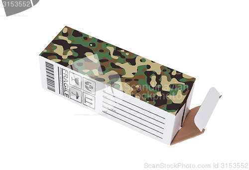 Image of Camouflaged cardboard box on a white background