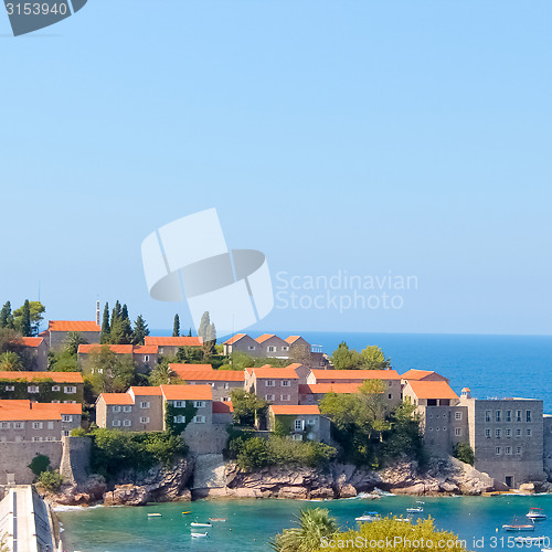 Image of Sveti Stefan, small islet and resort in Montenegro. Balkans, Adriatic sea, Europe. 