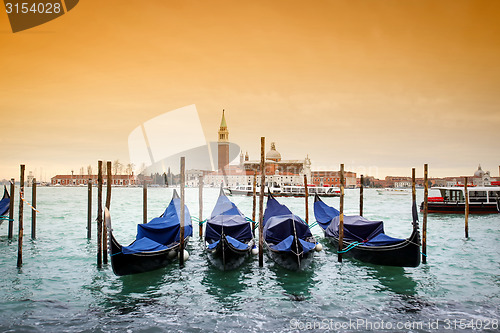 Image of San Giorgio Maggiore with view of moored gondolas 