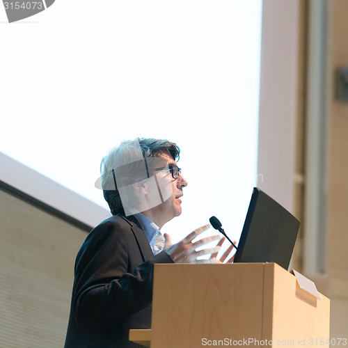 Image of Speaker giving talk on podium at Business Conference.