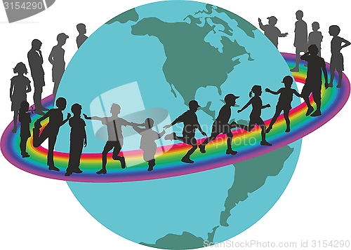 Image of Children on rainbow around the earth