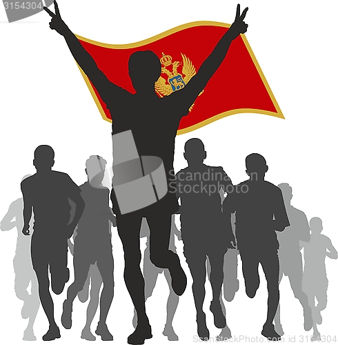 Image of Winner with the Montenegro flag at the finish