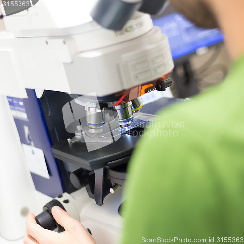 Image of Scientist microscoping on fluorescent microscope. 