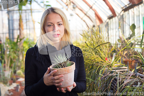 Image of Florists woman working in greenhouse. 