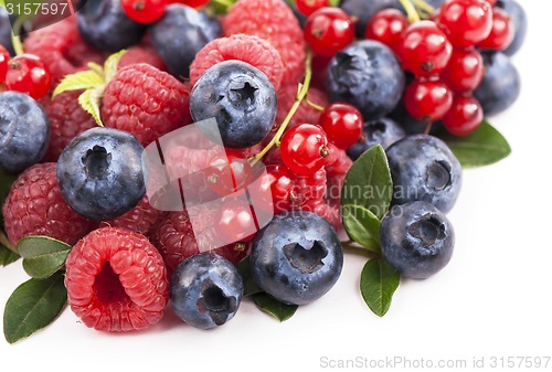 Image of Many blueberries, raspberries. Isolated white