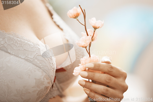 Image of Woman in brassiere holding Sakura flower