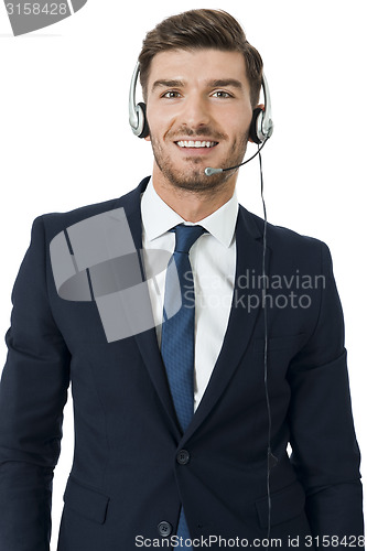 Image of Man wearing headset with stereo headphones